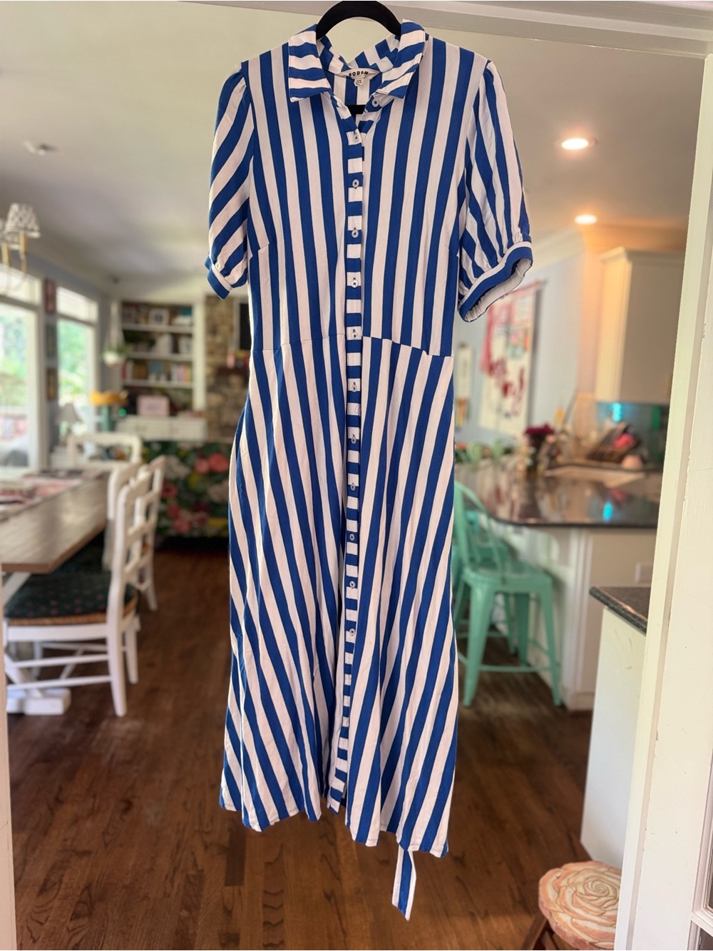 Boden Libby Jersey Midi Shirt Dress Blue White Striped Belted Puff Sleeve